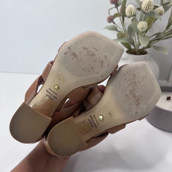 Stuart Weitzman Playa 75 Knot Leather Block Sandals Tan Women's US 5.5B Tried On - Picture 9 of 10